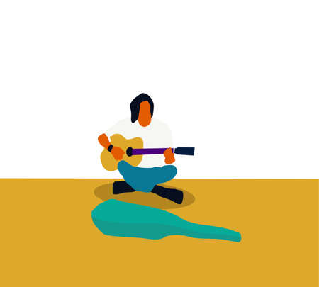 Hipster man guitarist playing guitar on the city road. Classic music street performer concert. Musician artist amusement public.のイラスト素材