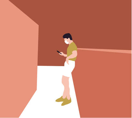 Young man in medical mask standing at street and texting message on smartphone. Concept of social distancing and technology.のイラスト素材