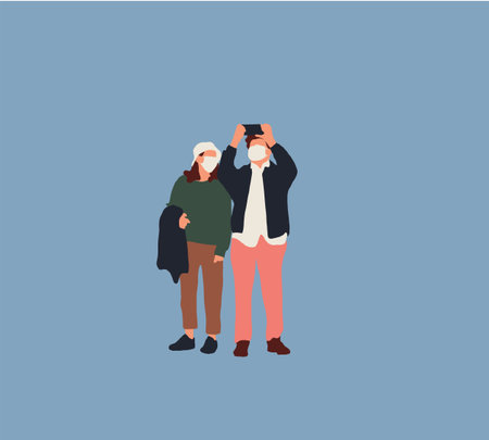 Couple are take selfie. Man and woman are photographed together. Happy Photographer Character Vacation with Backpack and Camera Concept. Vector illustration in a flat styleのイラスト素材