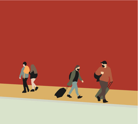 Tourists with suitcases are traveling to travel and wearing face mask protect. New normal after ...