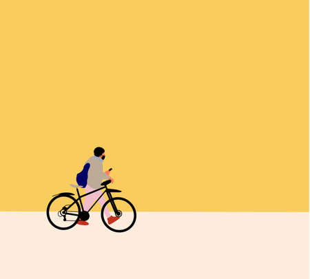 Young Man Wearing Mask and Using Phone Outdoors walking by his bicycle in the Street. Lifestyle Concept. New normal during epidemic. Social responsibility.のイラスト素材