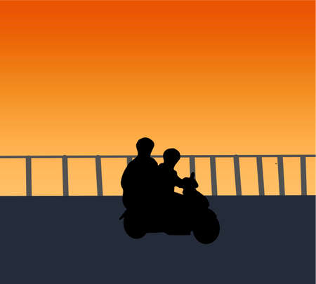 Motorbike riders motorcycle silhouettes landscape sunset background illustration vector. They travel together on a small, beautiful road surrounded by nature.のイラスト素材