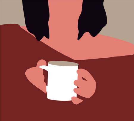 Woman in a cozy knitted sweater holding a cup of coffee. Tea Coffee Break, Cup Mug, Top view ofのイラスト素材