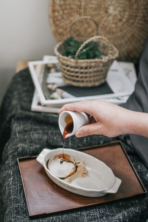 Mizu Shingen Mochi or Japanese Water Cake With Kinako or Soy Powder and Kokumitsu or Syrup. Japanese...