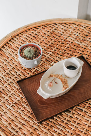 Mizu Shingen Mochi or Japanese Water Cake With Kinako or Soy Powder and Kokumitsu or Syrup. Japanese...