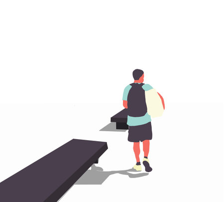 Back view of man worker travelling with backpack on their journey back home during a nationwide...