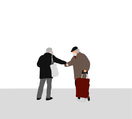 Old men with face mask talking and greeting each on street other vector illustration in flat style. Virus protection conceptのイラスト素材