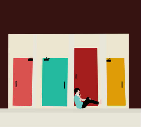 Man with mask sits near the door waiting for customers. The delivery man is waiting. Man calls customers, near the door.のイラスト素材