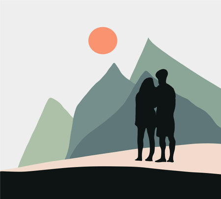Young Woman and Man Couple Hiking in Mountains Flat Cartoon Vector Illustration. Adventure tourism trip vacation background. Wild nature scenic view poster. Minimal style outdoors scene.のイラスト素材