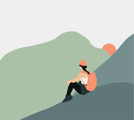 Woman with backpack sitting on a cliff looking sunset. Minimalist style, Flat design. Travel concept of discovering, exploring, observing nature. Adventure tourism. Hikingのイラスト素材