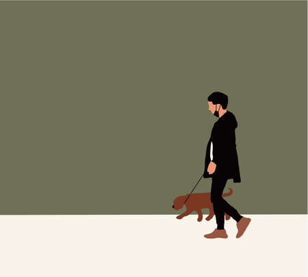 Woman in medical mask with a dog. Wearing face masks becoming the new normal, concept of healthy life and post, flat cartoon vector illustrationのイラスト素材