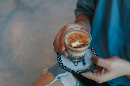 Man hands holding a cup of coffee, ripped jeans. Fashion manicure. Enjoying new day spending free...