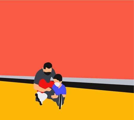 Children falls over while roller skating with father in the park. Active outdoor sport for kids enjoying roller skate ride outdoors.のイラスト素材