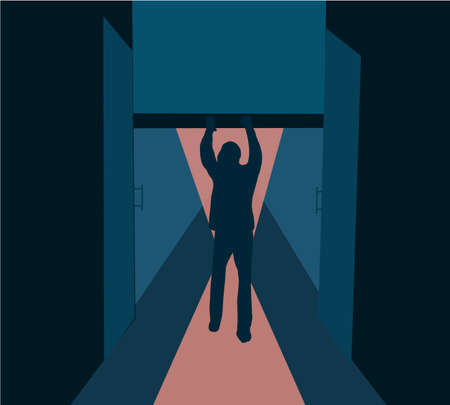Man closing or open metal roller shutter door. Factory roller door entrance, floor building store shop interior. Security and save time concept. Vector illustration.のイラスト素材