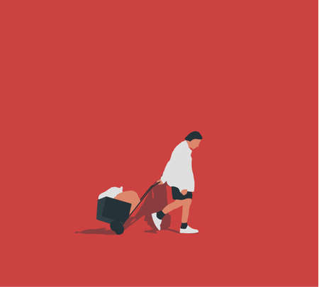 Homeless man with shopping cart with her possessions, unemployment male needing for help cartoon vector illustration. Trolley with various things. Poverty, sad caucasian guy.のイラスト素材