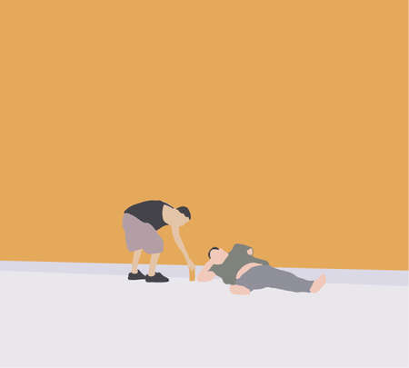 Man helping homeless person with drinks on city street. Unemployed bearded male and woman giving donation. Vector illustration.のイラスト素材
