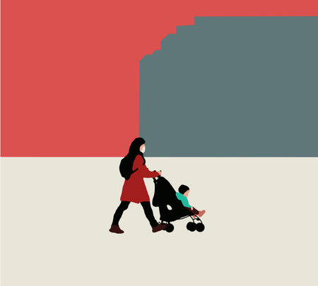 Mother walks with a stroller in a city park. Travel During Pandemic Concept. Simple flat vector...