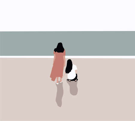 Two women sitting on the beach and looking at sea. Recreation and tourism concept. Ocean waves, blue sky and resting people. flat vector. Minimal style. Vector illustrationのイラスト素材