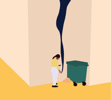 Smoking people. Woman smoking cigarette on street near garbage cartoon vector. Offensive or abusive behavior, domination and assault. Isolated flat cartoon illustrationのイラスト素材