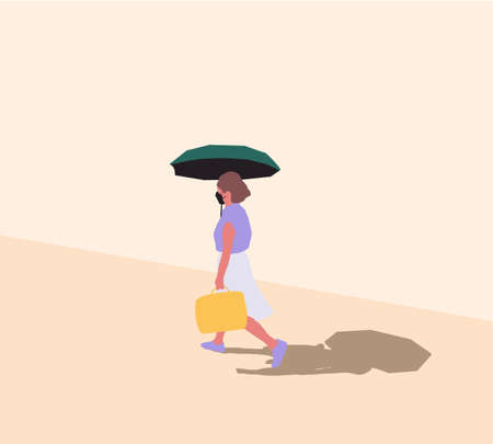 Woman with face mask holding sunshade umbrella under strong sunlight walking on street. Urban life concept, town street, walking outdoors, cartoon style vector illustration.のイラスト素材