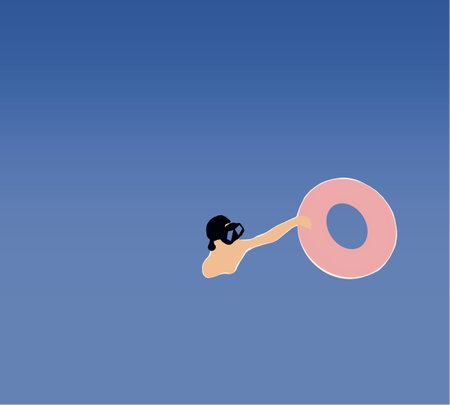 Man resting on floating pink rubber ring on sea water background. Vacations on tropical island. Summer rest. Minimal summer conceptのイラスト素材