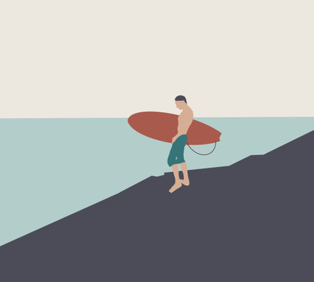 Man hold surfboard near beach vintage color design, vector illustration. Cartoon summer male character.のイラスト素材