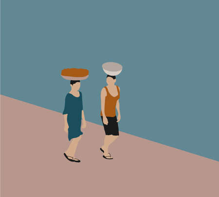 Two people carries a basket of things on his head on street. Vector portrait of Two African.のイラスト素材