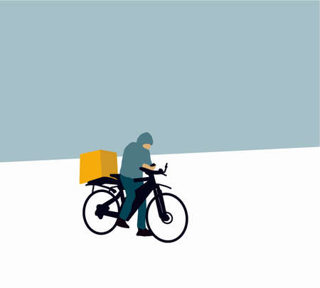 Courier man on bicycle with parcel box delivering food In city. Ecological fast delivery concept. Express delivery service. Vector illustrationのイラスト素材