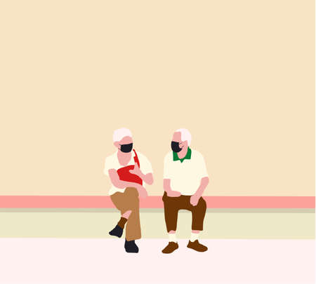 Old senior friends with medical mask talking and keep social distancing at park during the  epidemic. Vector illustration in flat style. Virus protection conceptのイラスト素材