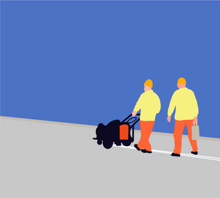 Road workers with hot-melt scribing machines working to paint white lines on asphalt road surface. Road construction worker on city street vector.のイラスト素材