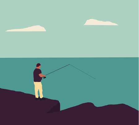 Man fishing on the rocks at the sea. Fishing concept. Outdoor hobby, activity and leisure for fishers. Vector illustrationのイラスト素材