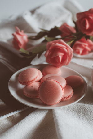 Pink macaron cookies with cup of coffee and rose flowers on white background. Spring still life...