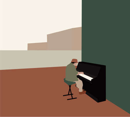 Piano player with medical mask performing during a pandemic on street near river. Music show entertainment and hobby concept. Outdoors. Close-up.のイラスト素材