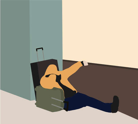 Man with suitcases sleeping on airport floor waiting for delayed flight. Color flat cartoon vector illustrationのイラスト素材