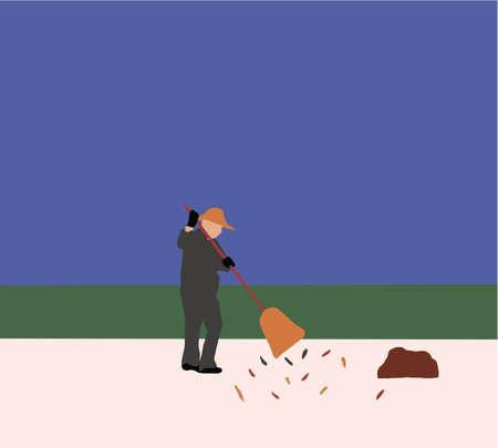 Man holding a broomstick sweeping fallen leaves. Floor garbage cleaning service concept city. Maintenance worker in park garden cleans the roads with broom .Copy spaceのイラスト素材