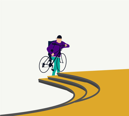 Hipster young man carrying bicycle up steps. Traveling around the city with a bike. Sport concept. Modern city concept. Ecological technological lifestyle.のイラスト素材