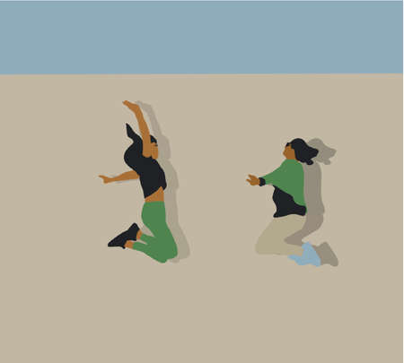 Happy jumping girlfriend are jumping together and celebrating. Lifestyle people concept. Flat style vectorのイラスト素材