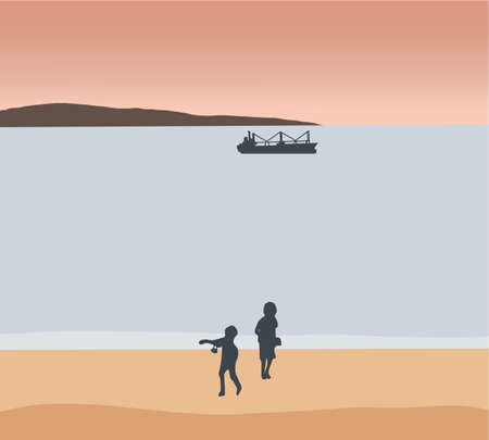 Silhouette of child playing on the beach at the sunset time. Concept of friendly family. Vector illustration.のイラスト素材