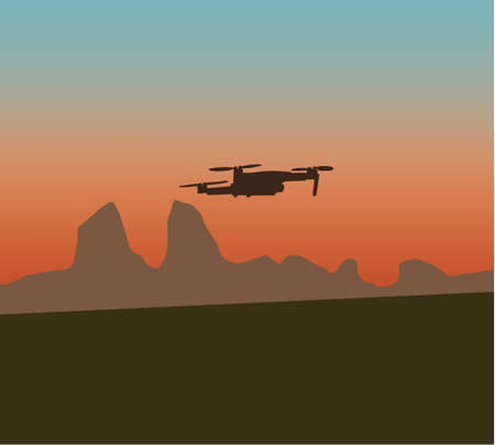 Drone silhouette flying spectacular sunset orange sky over city. Modern technological vector illustration.のイラスト素材