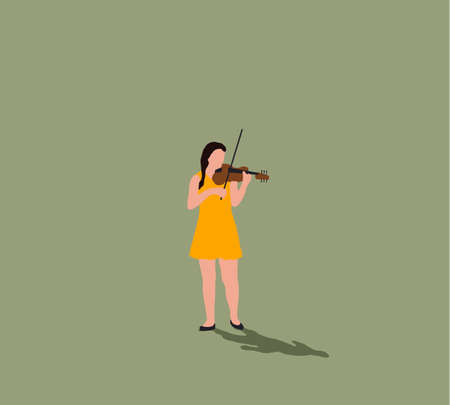Woman violinist in yellow dress playing violin on street. Music instrument player illustration. Street musician.のイラスト素材