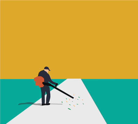 Man using a leaf-blower to clear leaves on a city street in the autumn dry time. Cleaning of the road in the park. Seasonal occupation concept. Vector illustrationのイラスト素材