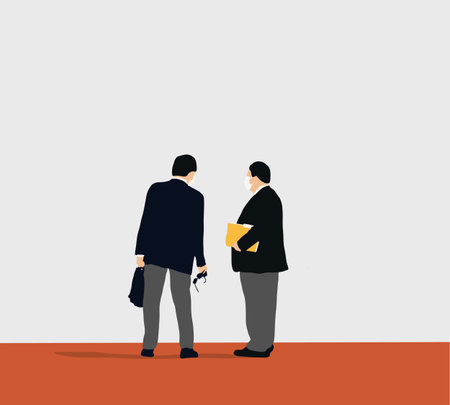 Two businessmen standing, talking, discussing negotiating. Flat modern, design style. Vector...