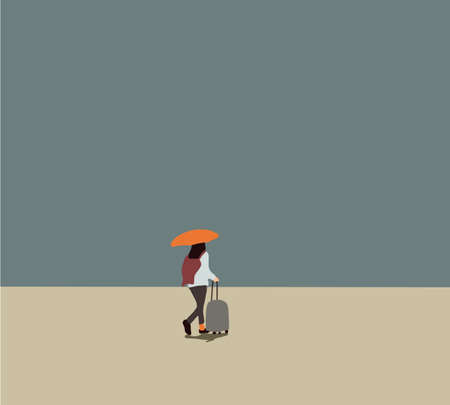 Woman pulls luggage and carries an umbrella go on journey. Travelers in various activity with luggage and equipment. Vector illustration.のイラスト素材
