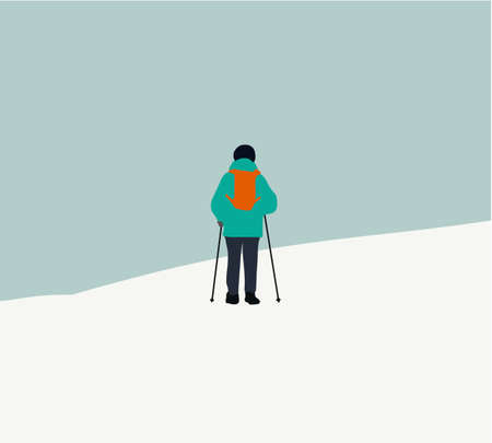 Man with trekking sticks in hand and in full gear for a hike in the mountains. winter. Flat vector illustration in cartoon style. Concept of sport and physical exercisesのイラスト素材