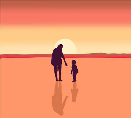 Mother and daughter on vacation, walking on a beach Over Sunset Holiday Sea Seaside Summer Vacation. Silhouette Vector Illustrationのイラスト素材