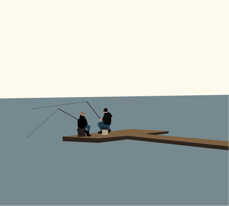 Male friends fishing with rod sitting on the wooden pier during the morning light on the lake. Leisure and people concept. vector illustration.のイラスト素材