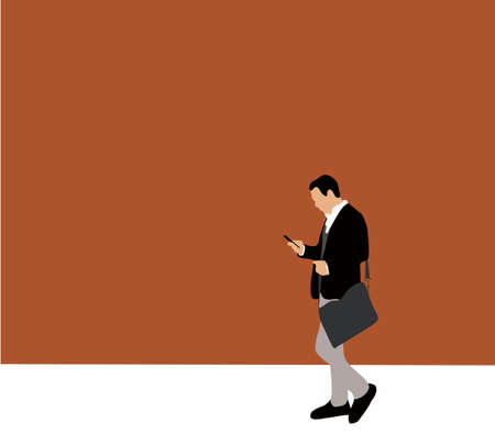 Businessman holding mobile smartphone using app texting sms message on street. Vector flat illustration.のイラスト素材