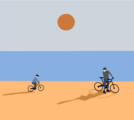 Dad and son riding bicycles at the beach having fun together. Kid learns to ride bicycle. vector illustrationのイラスト素材