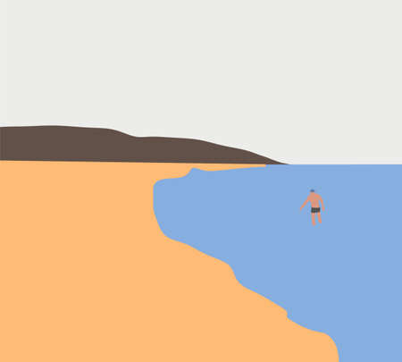 Young man walking out of the water in a tropical beach summer on sunny day. Tropical vacation. Recreation in the sea vector illustration.のイラスト素材