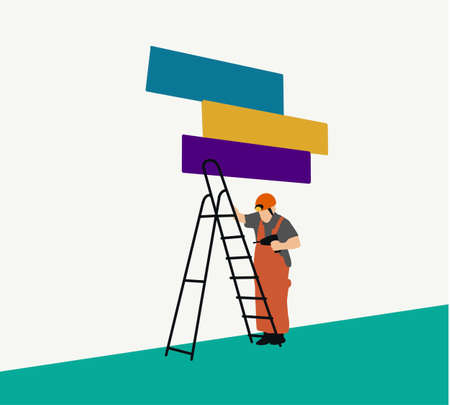 Handyman Carpenter Worker Character with Screwdriver Tool Assembling Home Furniture. Vector cartoon illustration of workshop interior with carpentry tools and instruments.のイラスト素材